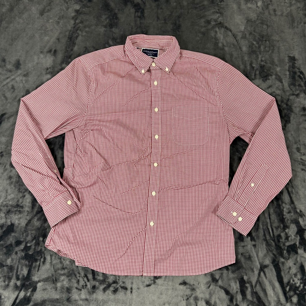 Charles Tyrwhitt Button Down Mens‎ Large Burgundy Gingham Slim Fit Non-Iron